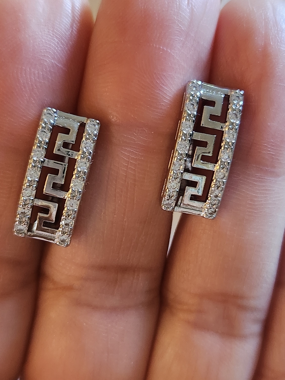 New 925 Silver Diamond Greek Key Pattern Hoop Earrings for Women